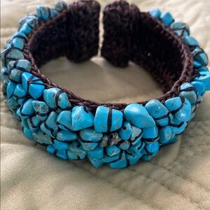 Adjustable Bangle - Handmade Natural Stone Turquoise Stitched Waxed Cord